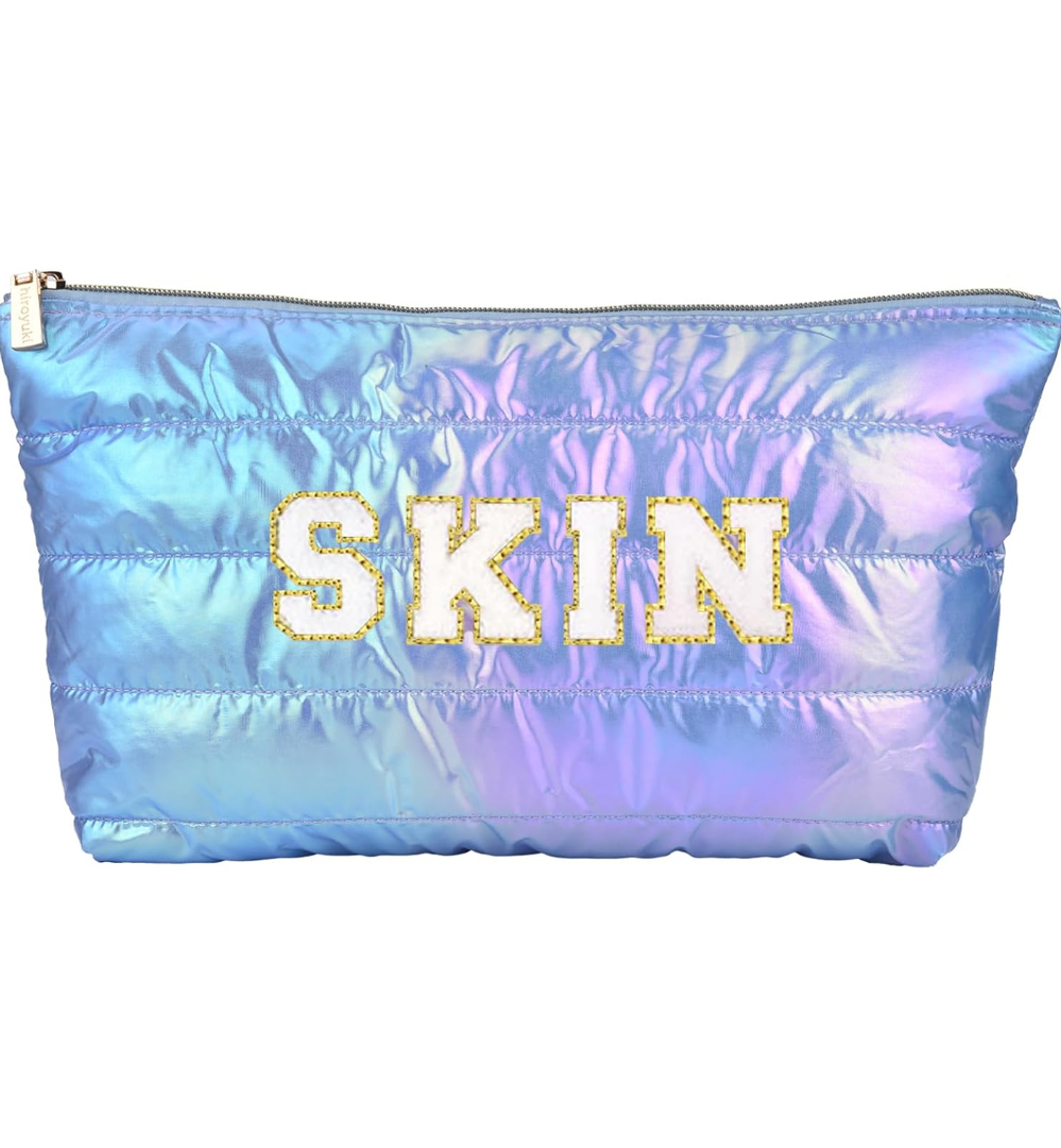 Hiroyuki Iridescent Makeup Bag, 14 inches Cosmetic Bag, Large Capacity Travel Pouch (Skin, Blue)