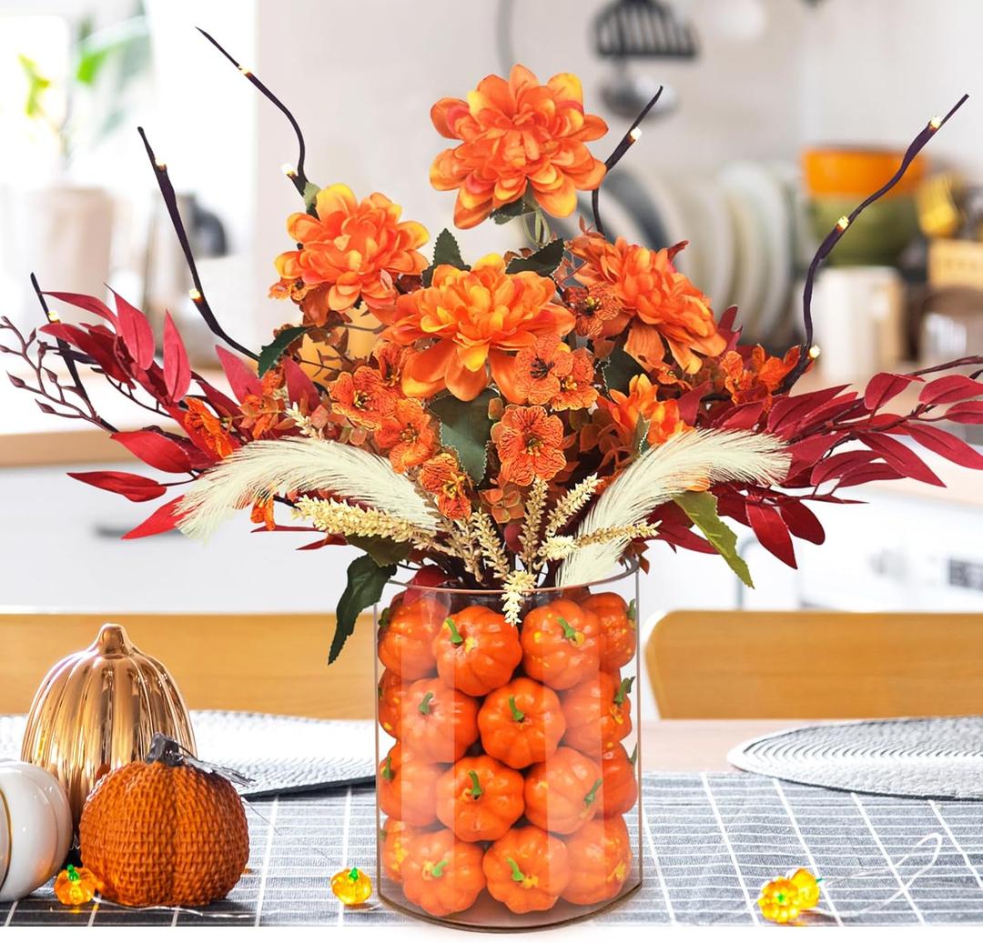 Fall Artificial Flowers for Decoration43Pcs Faux Flowers Arrangement with Dahlia Pampas Grass Mixed Autumn Floral Stems & Mini Pumpkin Vase Filler for Indoor Table Centerpiece Home Dcor (Orange Red)
