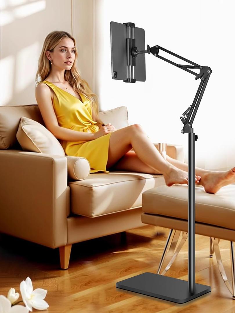 Lucky Trip Tablet Floor Stand with Double Heavy Duty Stable Base Never Tip Over, Adjustable Height Swivel Overhead Bed Tablet Phone Stand Holder for iPad, Kindle, Galaxy Tab, Cell Phones(4.7''-13'')