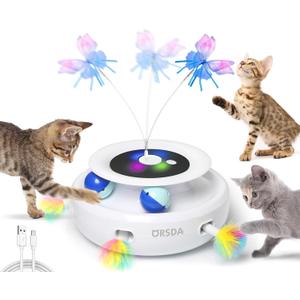 ORSDA Cat Toy, 3-in-1 Automatic Interactive Electronic Moving Ambush Feather, Fluttering Butterfly, Track Balls, USB Rechargeable Powered Smart Indoor Exercise Kicker (White)