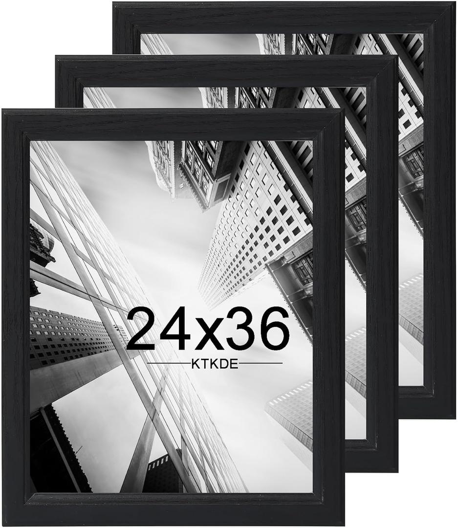 KTKDE 24x36 Poster Frame 3 Pack,Picture Frames Wooden Black 36 by 24 in for Pictures and Art Prints, Exhibition, Caffe Large Frame for Photos, best gift