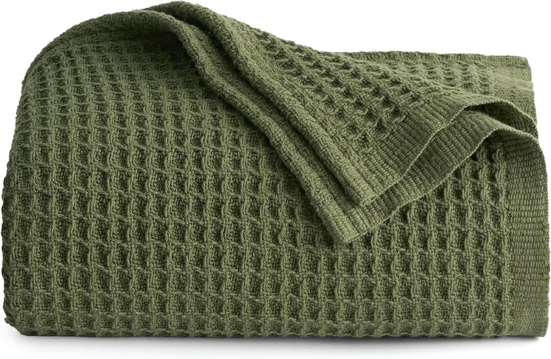 Bedsure Gentlesoft 100% Cotton Throw Blanket for Couch 50x70 inches - Cooling Breathable and Soft for Summer, Waffle Weave Throw Blanket for Office, Olive Green