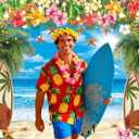 Summer Beach Backdrop Hawaiian Tropical Flower Palm Leaves Surfboard Background Banner Summer Party Decorations Photo Booth Props (7X5FT)