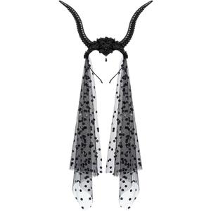 Halloween Gothic Devil Antelope Sheep Horn Headband Flower Crown with Black Mesh Veil Hair Hoop Cosplay Costume Proms Party Headwear