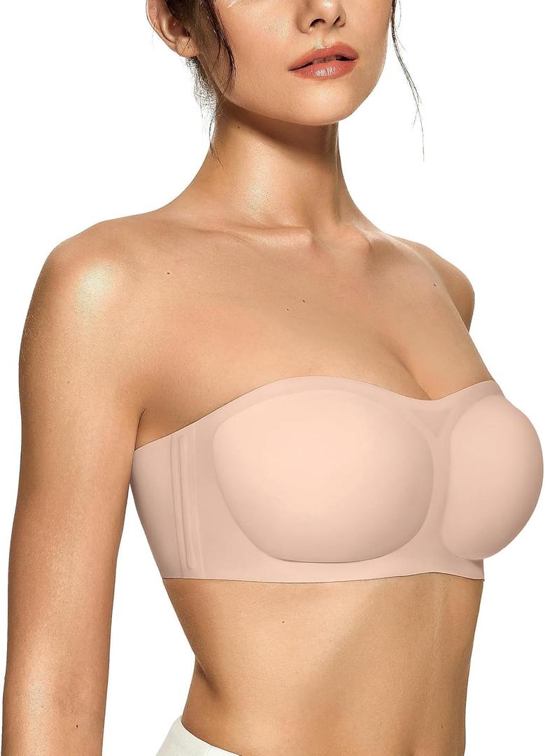 OEAK Womens Strapless Bras Jelly Push Up Bandeau Bra Non Slip Wireless Supportive Padded Bras Seamless Comfortable Tube Bra (Large, Nude)
