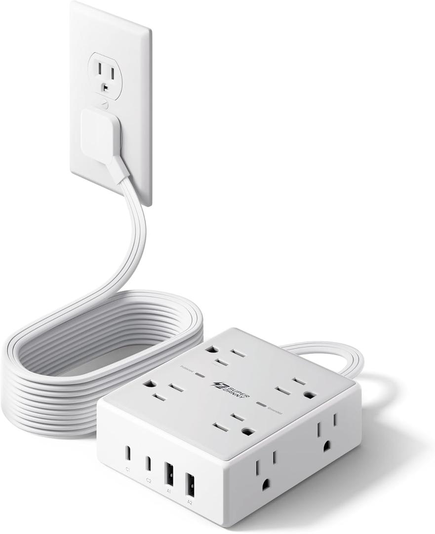 10Ft Extension Cord with Multiple Outlets, Flat Plug Surge Protector Power Strip 10 Ft Long Cord, 8 Outlets & 4 USB Ports (2 USB C), Desk Charging Station for Home Office, College Dorm Room Essentials (White)