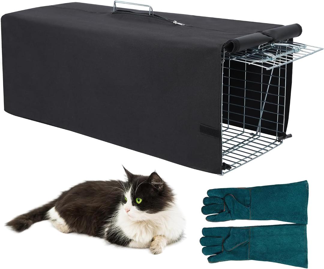 Live Animal Trap Cage with Cover and Gloves, Heavy Duty Folding Animal Traps Cage for Stray Cats, Humane Cat Trap for Raccoon, Squirrel, Skunk, Catch and Release - (32 x 10 x 12 inches)