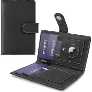 ALLIVE Passport Holder for Travel Family, Genuine Leather Passport Wallet with AirTag Slot, RFID Blocking Travel Document Organizer for Women & Men, Airport Essentials, Family Travel Gift (Black)