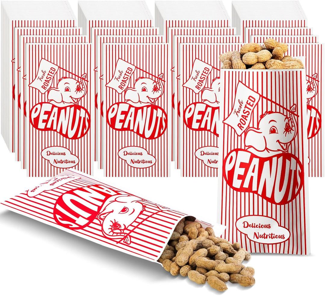 Marspark 100 Pcs Papers Peanut Bags Bulk Fresh Roasted Wrapping Bags with Elephant Red and White Stripes Flag 3.5 x 7 Inch for Circus Carnival Theme Birthday Party Supplies