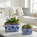 Blue and White Ceramic Planter Pot – Vintage Floral Oval Cachepot Vase for Indoor Plants, Flowers & Succulents – Glazed Porcelain Style Chinoiserie Décor – 7.4" and 10.6" Size – No Drainage