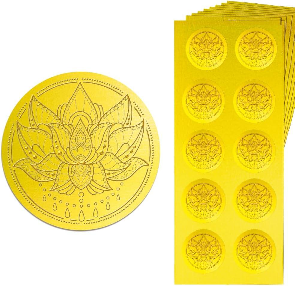 Peacoblue Gold Embossed Sticker Seal 1.4 Inch 150Pcs Mandala Lotus, Self Adhesive Golden Around Embossing Decals for Party Favors Invitation Envelope Seal Gift Card Certificate Decoration