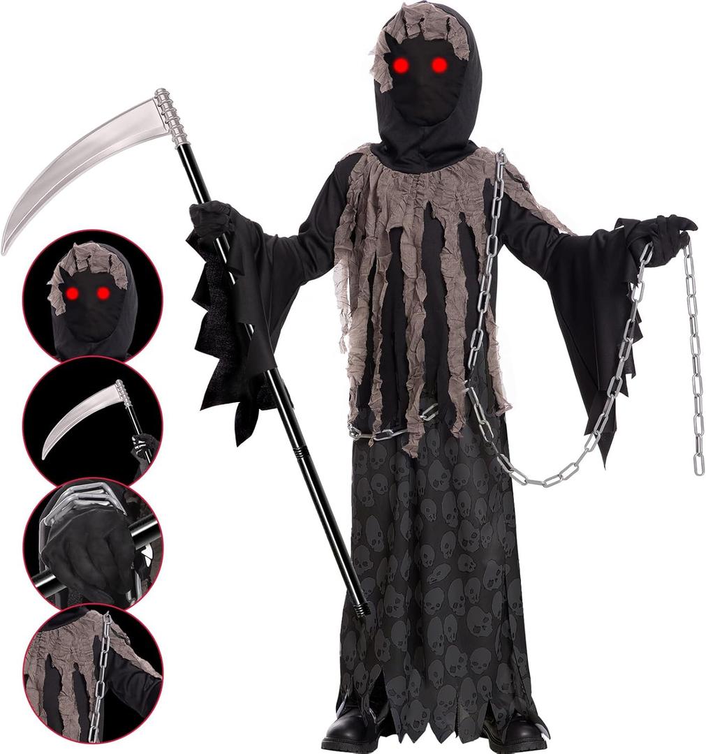 Grim Reaper Halloween Costume with Glowing Red Eyes for Kids, Scythe Included (Large, Light Black)