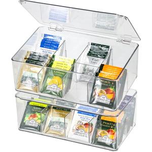 Plastic Clear Storage Containers, Set of 2 Tea Bag Organizer Boxes 8 Compartments with Lids, Underwear Tie Drawer Organizer, Dresser Organizer (10.873.7")