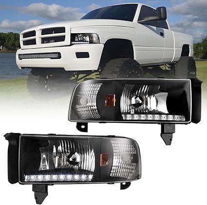 ROXX Headlights Assembly for 1994-2001 Dodge Ram 1500 2500 3500, 1995-2002 Dodge Ram 4000, Headlights w/Led Drl, Amber Reflector, High Low Beam, Driver & Passenger Side (With Led DRL)