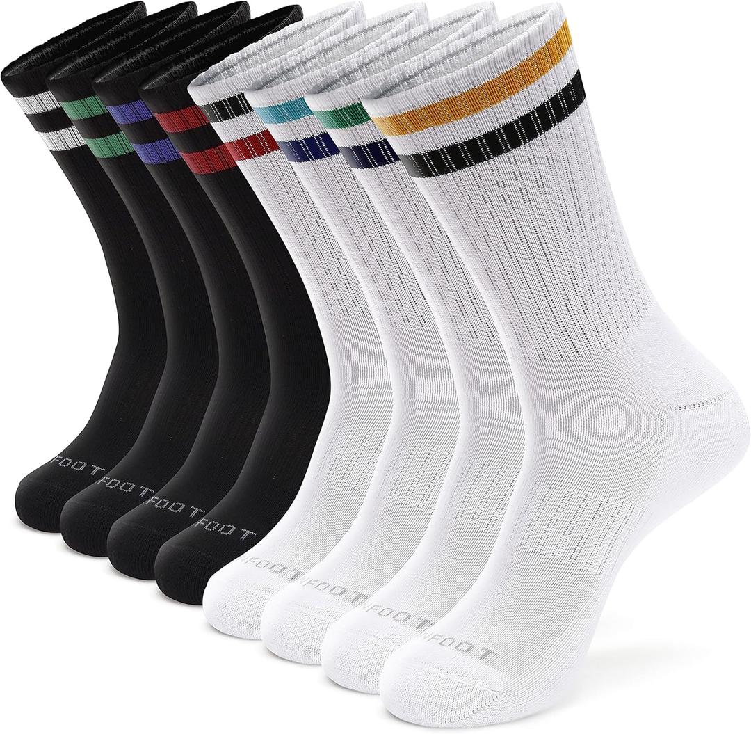 MONFOOT Men's/Women's 4-8 Pairs Athletic Cushion Crew Socks, Multipack (Medium, 05 [Stripe] White(4), Black(4)_retro)