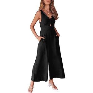 ANRABESS Women's Jumpsuits Summer Wide Leg Sleeveless V Neck Casual Dressy Linen Pants Rompers 2025 Vacation Beach Outfits, Large Black