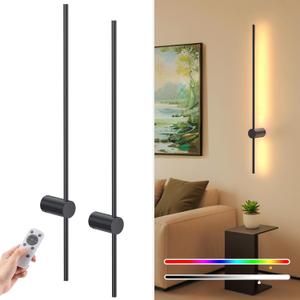 NIORSUN 35.4 Inch Battery Operated Wall Sconce Set of 2,Black Minimalist Rechargeable LED Wall Lights with Remote, 10 Colors Dimmable Wireless Wall Sconce for Living Room Bedroom Hallway