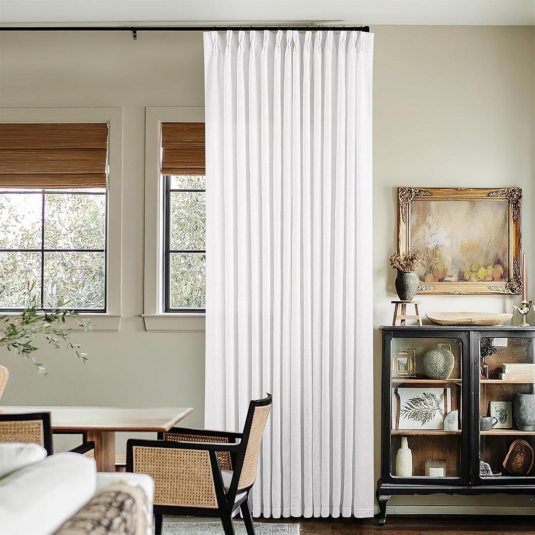 Custom Pinch Pleated 105 Inch Curtains 2 Panels Set for Windows White Linen Blend Curtains Pinch Pleat Back Tab Privacy Light Filtering Boho Drape with Hooks and Rings for Living Room Bedroom