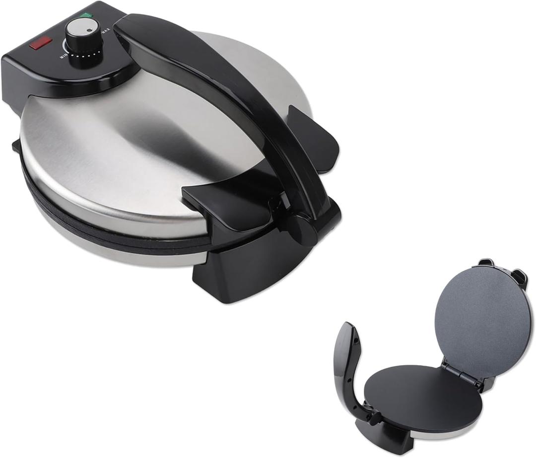 10in Electric Tortilla Maker, Electric Tortilla Press Maker, Tortilla Maker Press, Knob Temperature Control Anti Stick Roti Maker Machine with Stainless Steel Cover for Home Shop