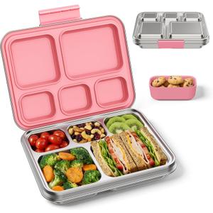 Stainless Steel Bento Lunch Box for Kids & Adults, 5 Compartment Metal Portable Bento Box with Silicone Food Container and Removable Silicone Seal,BPA-Free,School,Office(Pink)