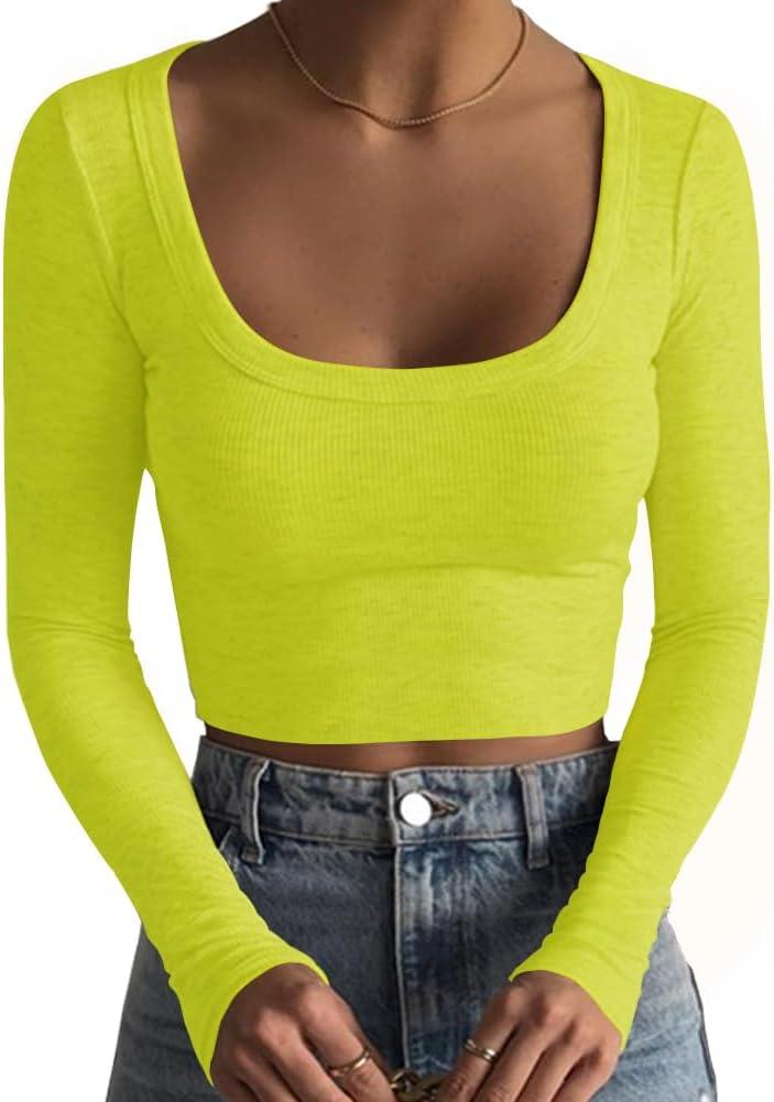 Artfish Women's Square Neck Long Sleeve Ribbed Slim Fitted Casual Basic Crop Top (Medium, Lime Neon Green)