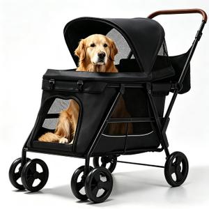 Dog Stroller for Large & Medium Dogs, Foldable Pet Stroller for 2 Small Dogs Up to 66lbs, with All-Terrain Wheels, Breathable Mesh Ventilation & Storage Pocket (Black)