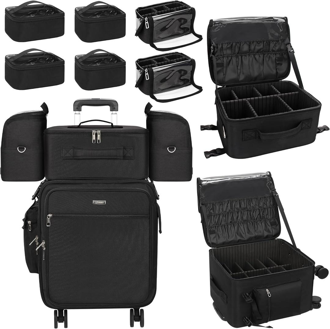 Relavel Rolling Makeup Case Professional Makeup Train Case, Rolling Makeup Kit Bag Makeup Artist Travel Bag with Wheels, 4-in-1 Portable Travel Beauty Trolley Case for Cosmetology Storage(Black)