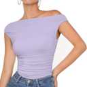 OMKAGI Women One Off Shoulder Y2K Tops Double Lined Slim Fit T Shirts Basic Tees (Large)