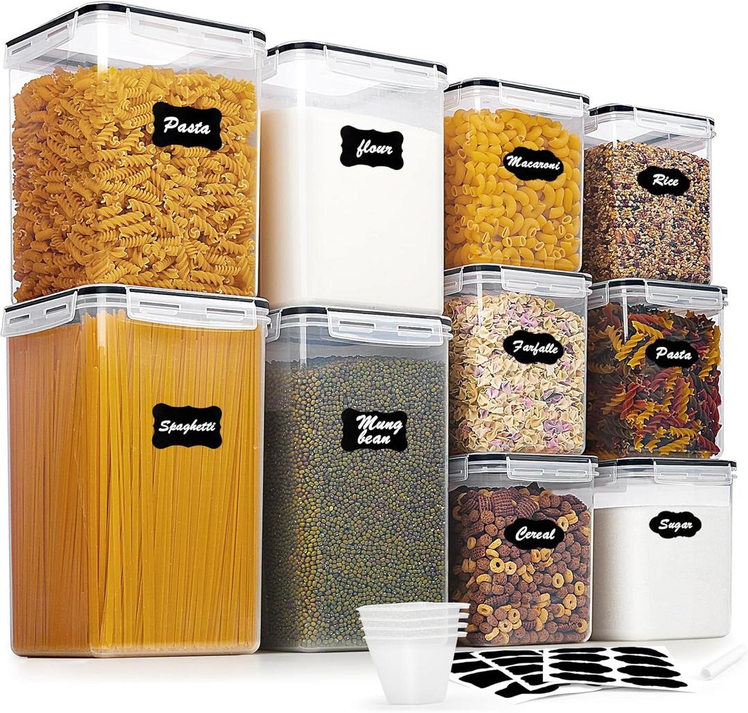Vtopmart 10 PCS Flour and Sugar Storage Container, Large Airtight Food Canisters with Lids for Kitchen, Pantry Organization, BPA Free, Black