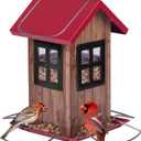 Kingsyard Cute Bird House Feeders for Outside, Hanging Metal Bird Feeder with 4 Ports, Outdoor Garden Yard Decorations for Cardinals Finches Chickadees Goldfinches & Sparrows Birds Watching (Red Roof & Black Window)