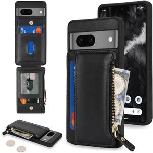 Cavor for Google Pixel 7 Case Wallet,for Pixel 7 Wallet Case with Card Holder for Women Men,Leather Zipper Pocket Card Slots Phone Cover-Black