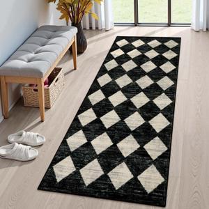 Lahome Washable Black and White Kitchen Runner Rug, 2x5 Soft Non Slip Laundry Room Rug Bathroom Runner Rugs with Rubber Backing, Moroccan Trellis Kid Pet Friendly Carpet Runners for Entryway Bedside