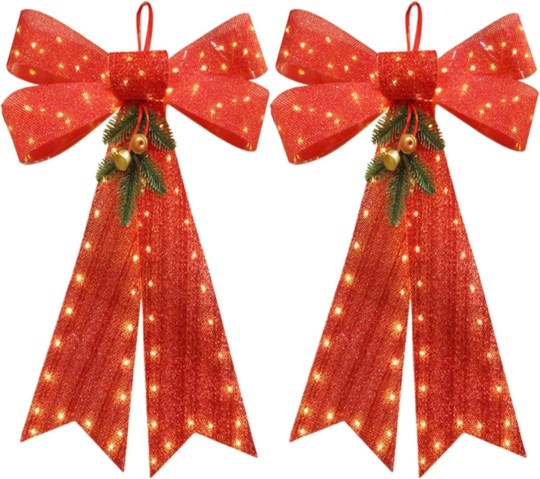 Christmas Tree Bow, 2 Pack 17'' x 24'' Tree Topper with 90 LED Lights, Battery Powered Red Bow Christmas Decorations with Pine Cone Bell for Indoor Home Window Wall Door Front Outdoor Xmas Decorations