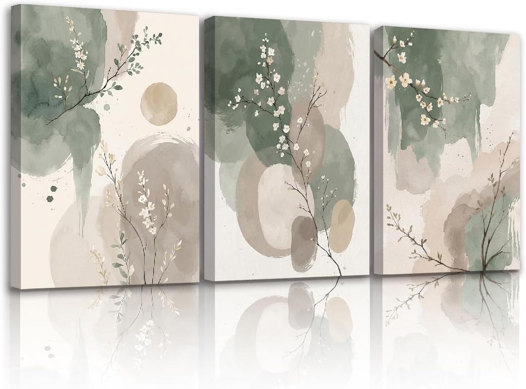 Framed canvas floral wall art neutral colors hazy feel botanical print poster gallery style painting print for living room bedroom bathroom office 16x24 inch 3-piece set.