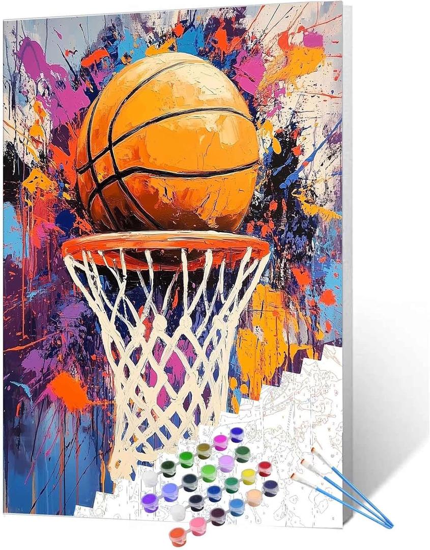 Basketball Theme DIY Paint by Number for Adults,Slam Dunk Paint by Number for Kids Beginner,Graffiti Style Interior Decoration Acrylic Painting by Number Wall Art Home Decor 16x20Inch Frameless