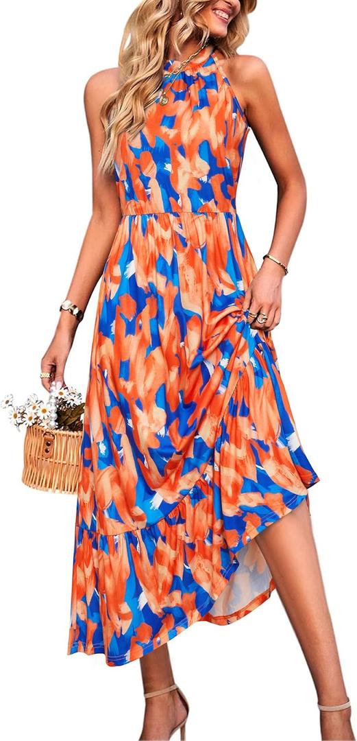 STYLEWORD Women’s 2026 Summer Dress Maxi Vacation Floral Halter Neck Sleeveless Flowy Sundress with Pockets 
(Blue Orange Floral, M)