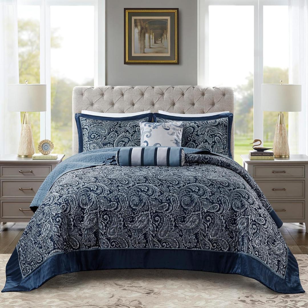 Madison Park Aubrey Reversible Quilted Bedspread Set, Solid Reverse Summer Breathable, Lightweight All Season Bedding Layer, Matching Shams, Bedspread King(120"x118"), Navy 5 Piece