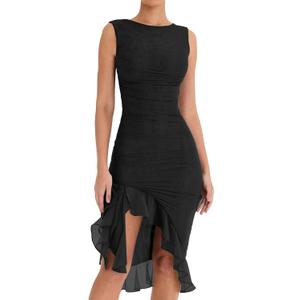 Women's Midi Bodycon Dress Summer Sleeveless Ruffle Mermaid Dress Cocktail Party Tank Dresses for Wedding Guest (Medium, Black)