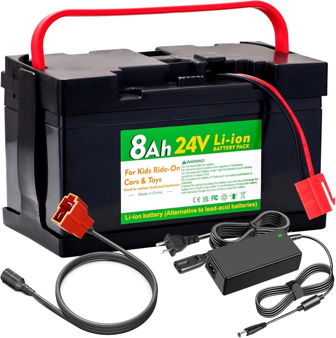 24V 8Ah Lithium Battery for huffy torex 24V UTVs Ride- On Cars & Toys, Upgraded to Replace Lead-Acid 12FM7 Batteries (with Charger and Adapter Cable)