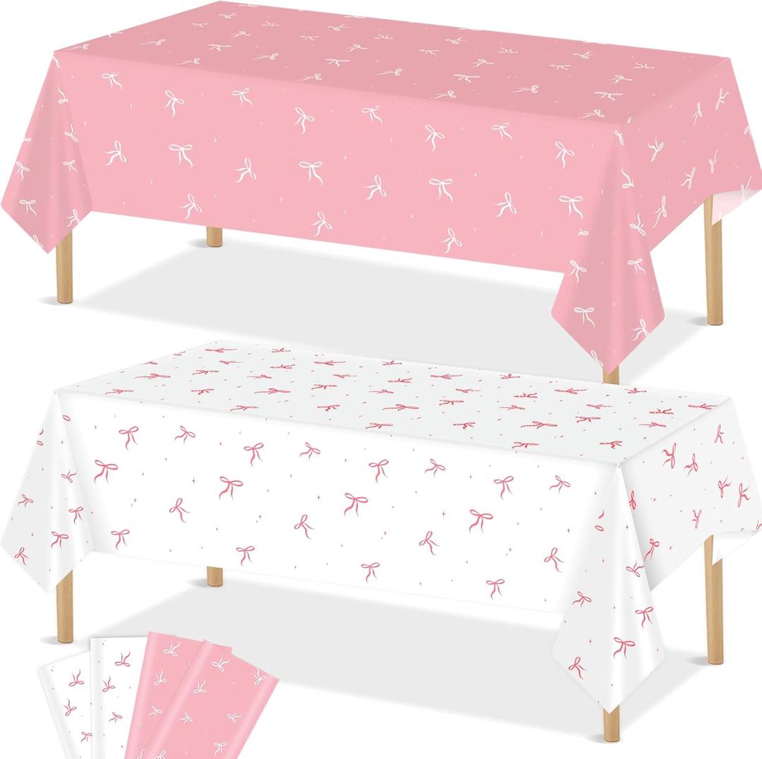 4 Pieces Pink Bow Tablecloths Bow Theme Tablecover Pink Bows Birthday Party Plastic Disposable Rectangle Table Covers for Girl Bachelorette Bridal Baby Shower Coquette Party Decorations Supplies