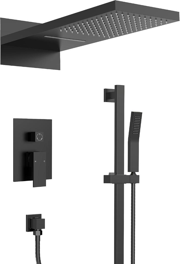 22 Inch Waterfall Rainfall Shower System with Slide Bar Handheld, 3-Function Bathroom Shower Faucet Set for Wall, Pressure Balance Valve Included, Matte Black