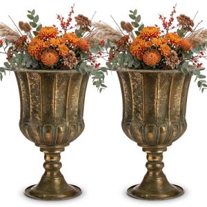 18.5" H Metal Urn Planters for Outdoor Plants, 2 Pcs Bronze Iron Plant Pots, Large Rustic Flower Pots, Vintage Decorative Tall Traditional Planter for Outdoor Front Patio Porch Decoration