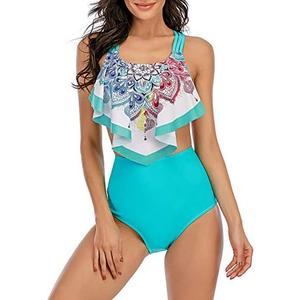 American Trends High Waisted Tankini Swimsuits for Women Flounce Top Tummy Control Bathing Suits, Medium