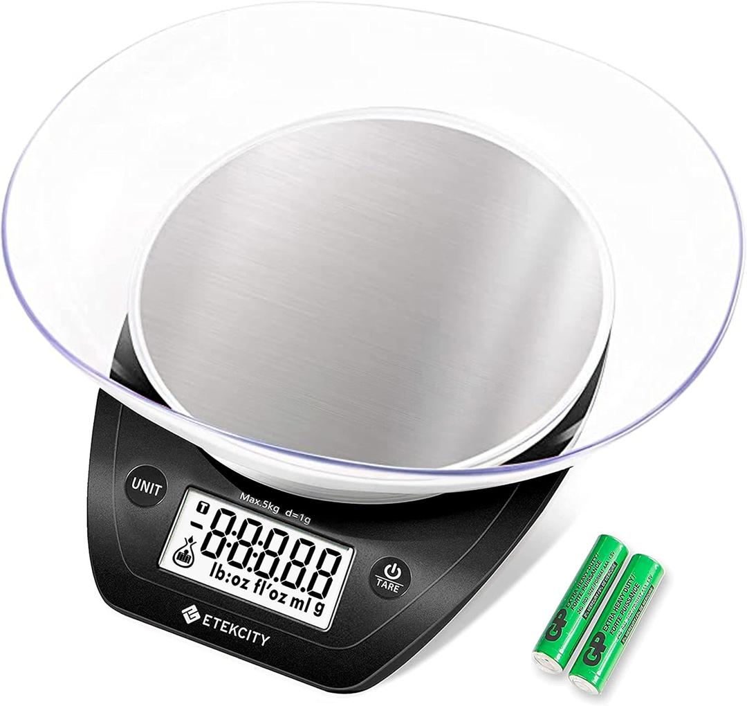 Etekcity 0.1g Food Scale, Bowl, Digital Grams and Ounces for Weight Loss, Dieting, Baking, Cooking, and Meal Prep, 11lb/5kg, Stainless Steel Black Etekcity 0.1g Food Scale, Bowl, Digital Grams and Ounces for Weight Loss, Dieting, Baking, Cooking, and Meal Prep, 11lb/5kg, Stainless Steel Black