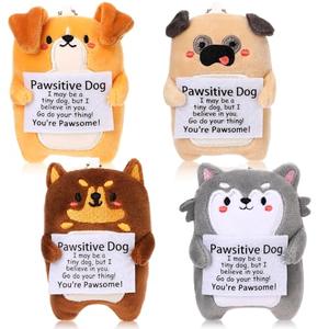 RoundFunny Mini Dog Plush Set of 4 Graduation Mother's Day Nurses Week Gifts for Women Teacher Coworker Stuffed Animal with Positive Cards Desk Decor Inspirational Gift for Dog Lovers