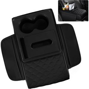 5 in 1 Car Armrest Storage Box for Center Console, Armrest Cushion Cover for Car with 2 Cup Holders Storage Bags, Tissue Box, Phone Slot, Premium Memory Foam with Nappa Leather, 14.2*7.9*2.8in (Black)
