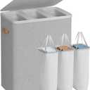 SONGMICS Laundry Basket, 50.2 Gal. Laundry Hamper, 3 Compartments, Easy Assembly, with Lid and Handles, Removable Liners, 25.2 x 15.7 x 29.5 Inches, Dove Gray ULCB814GD01, 190 L