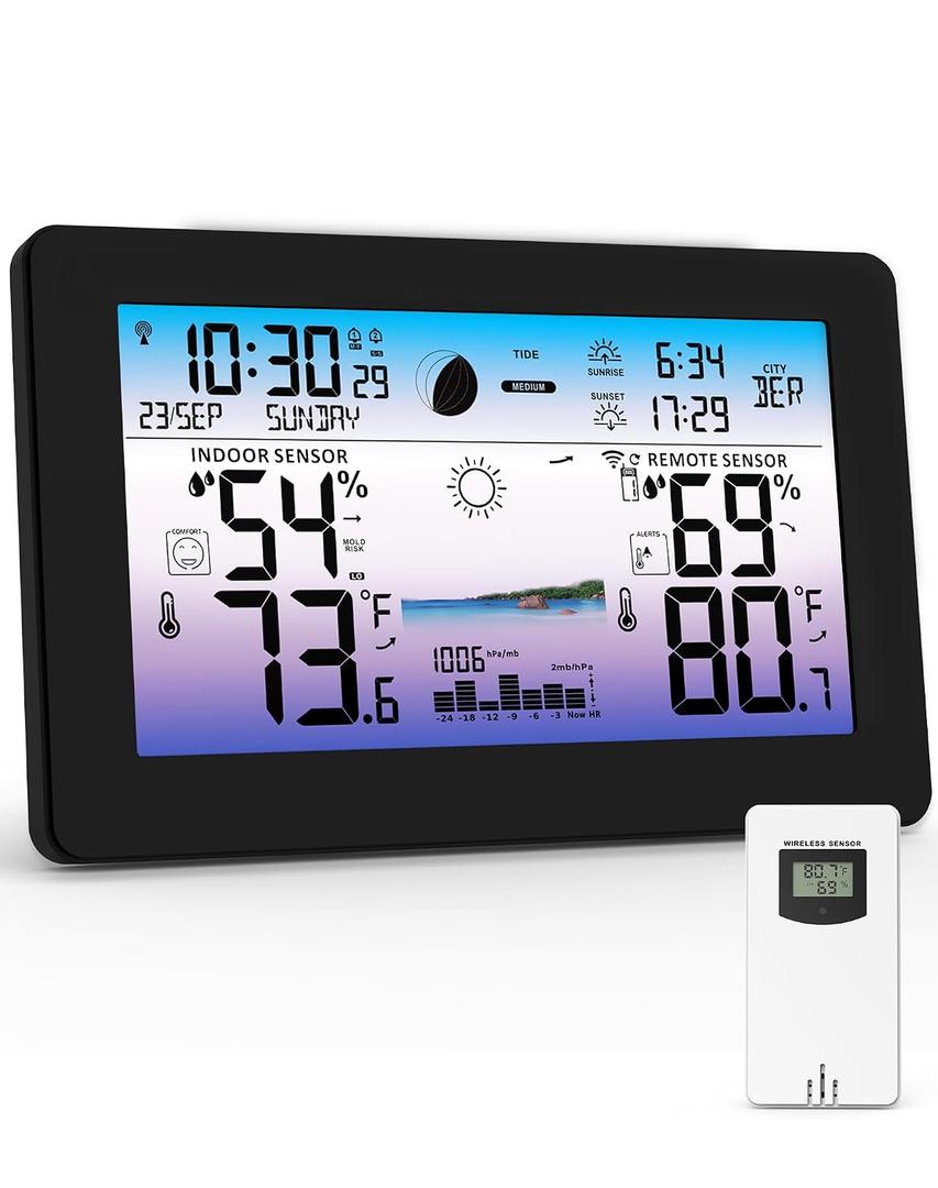 Weather Station Wireless Indoor Outdoor, Digital Thermometer with Accurate Temperature & Humidity, Large Color HD Display with Remote Sensor, Weather Forecast, Atomic Clock, Moon Phase