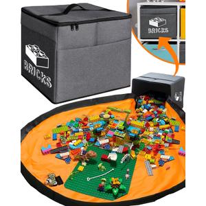 XL Toy Storage Organizer & Play Mat - Storage Bag/Box for Kids, Boys, Girls, Nursery, Playroom - Basket for Building Bricks/Blocks - Collapsible Fabric Cube Bin, 13"x13"x15" (Dark Gray with Print)
