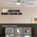 JSAITEE 52 inch Ceiling Fan with Light, 6 Speeds Reversible Low Profile Ceiling Fan with Light and Remote/APP Control, 3 Color Temp+Dimmable RGB, 8 Blades, Flush Mount Quiet Ceiling Fans, Nickel